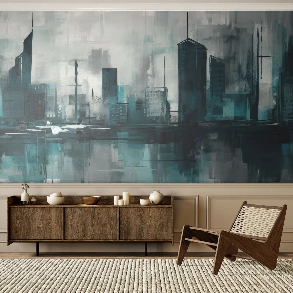 Fototapeta Premium Sand - Nowoczesna panorama miasta w chłodnych, deszczowych barwach - 100x70cm - Miasto w kolorze deszczu - Nowoczesna dekoracja ścienna do salonu, kuchni i sypialni ARTTOR