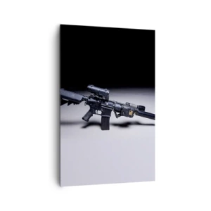 Obraz na płótnie - Nowoczesny karabin w czarnym kolorze na ciemnym tle - 80x120cm - Mroczny rycerz - Nowoczesna dekoracja ścienna do salonu i sypialni ARTTOR