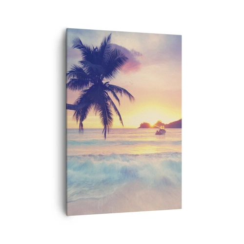 Obraz na płótnie - Plaża z palmą i zachodem słońca nad oceanem - 70x100cm - Wieczór w zatoce - Nowoczesna dekoracja ścienna do salonu i sypialni ARTTOR