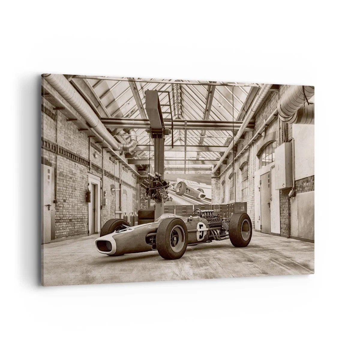 Obraz na płótnie - Czarno-biały samochód wyścigowy w industrialnym wnętrzu - 120x80cm - Odpoczynek zwycięzcy - Nowoczesna dekoracja ścienna do salonu, kuchni i sypialni ARTTOR
