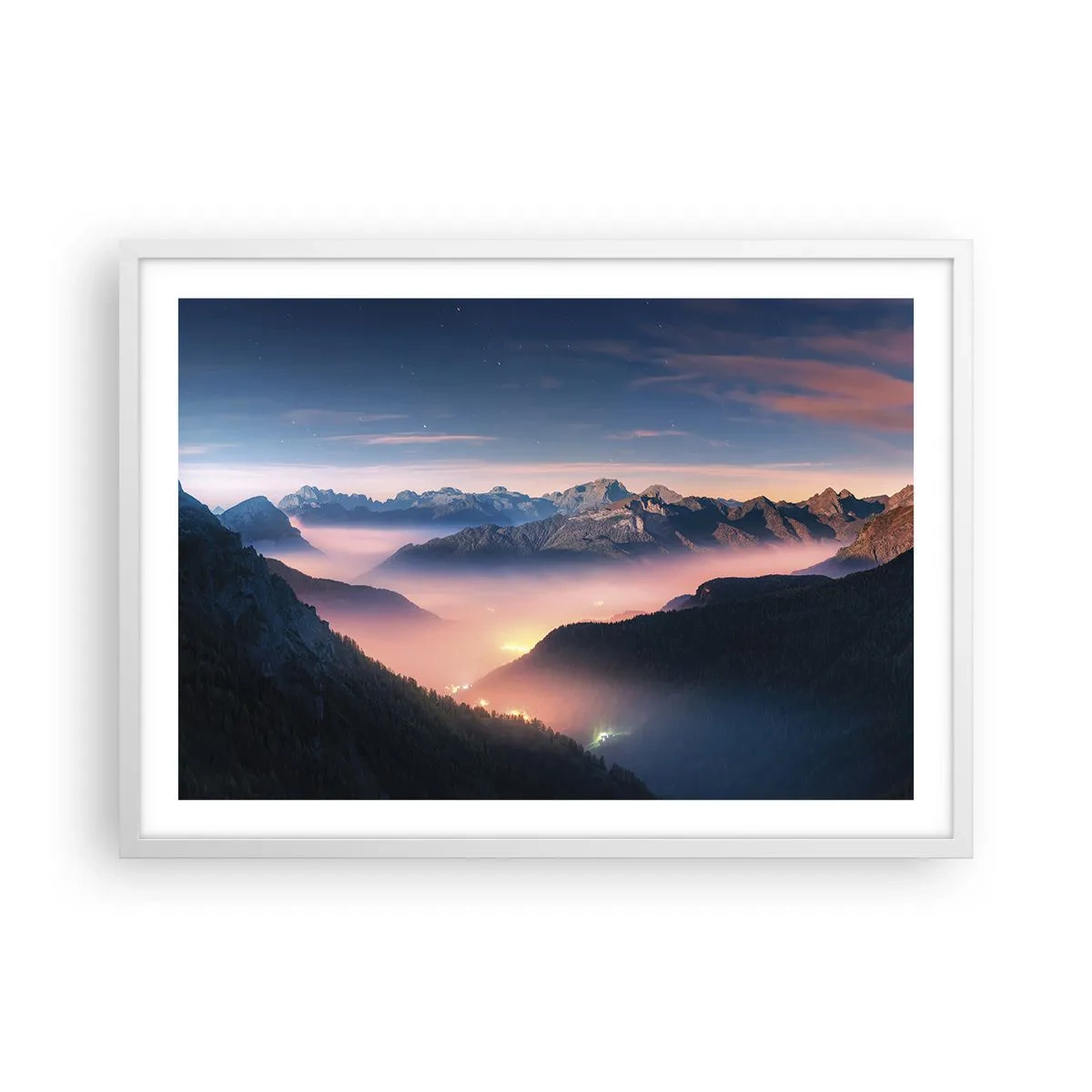 Plakat w białej ramie - Światło w dolinach - 70x50 cm
