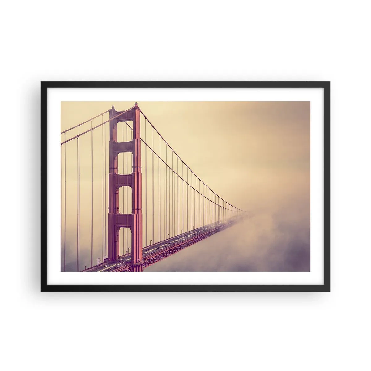 Plakat w czarnej ramie - Most w mgle w pastelowych odcieniach, symbol elegancji i spokoju - 70x50cm - Między niebem a ziemią - Nowoczesna dekoracja ścienna do salonu i sypialni ARTTOR