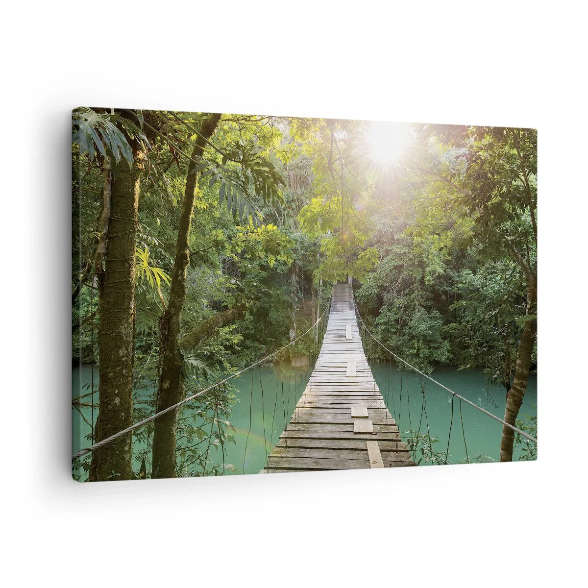 Obraz na płótnie - Wiszący most w tropikalnym lesie oświetlony promieniami słońca - 70x50cm - Nad lazurową wodą do lazurowego lasu - Nowoczesna dekoracja ścienna do salonu i sypialni ARTTOR
