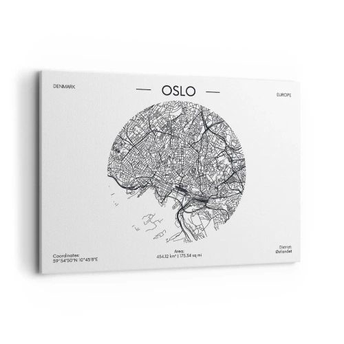 Obraz na płótnie - Mapa Oslo w minimalistycznym, czarno-białym stylu - 100x70cm - Anatomia Oslo - Nowoczesna dekoracja ścienna do salonu, kuchni i sypialni ARTTOR