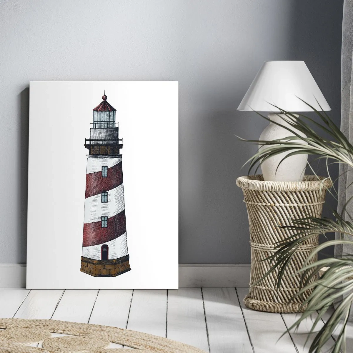 Obraz na płótnie - Ilustracja latarni morskiej w czerwono-białe pasy na jasnym tle. - 50x70cm - Zawsze na straży - Nowoczesna dekoracja ścienna do salonu, kuchni i sypialni ARTTOR