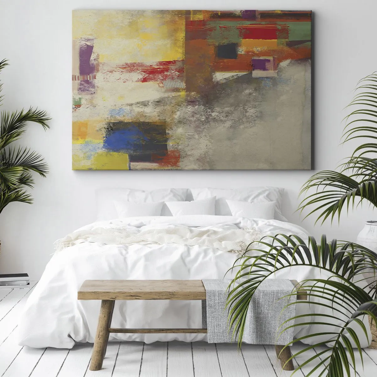 Obraz na płótnie - Kolorowa abstrakcja z geometrycznymi kształtami - 70x50cm - Geometria barw - Nowoczesna dekoracja ścienna do salonu i sypialni ARTTOR