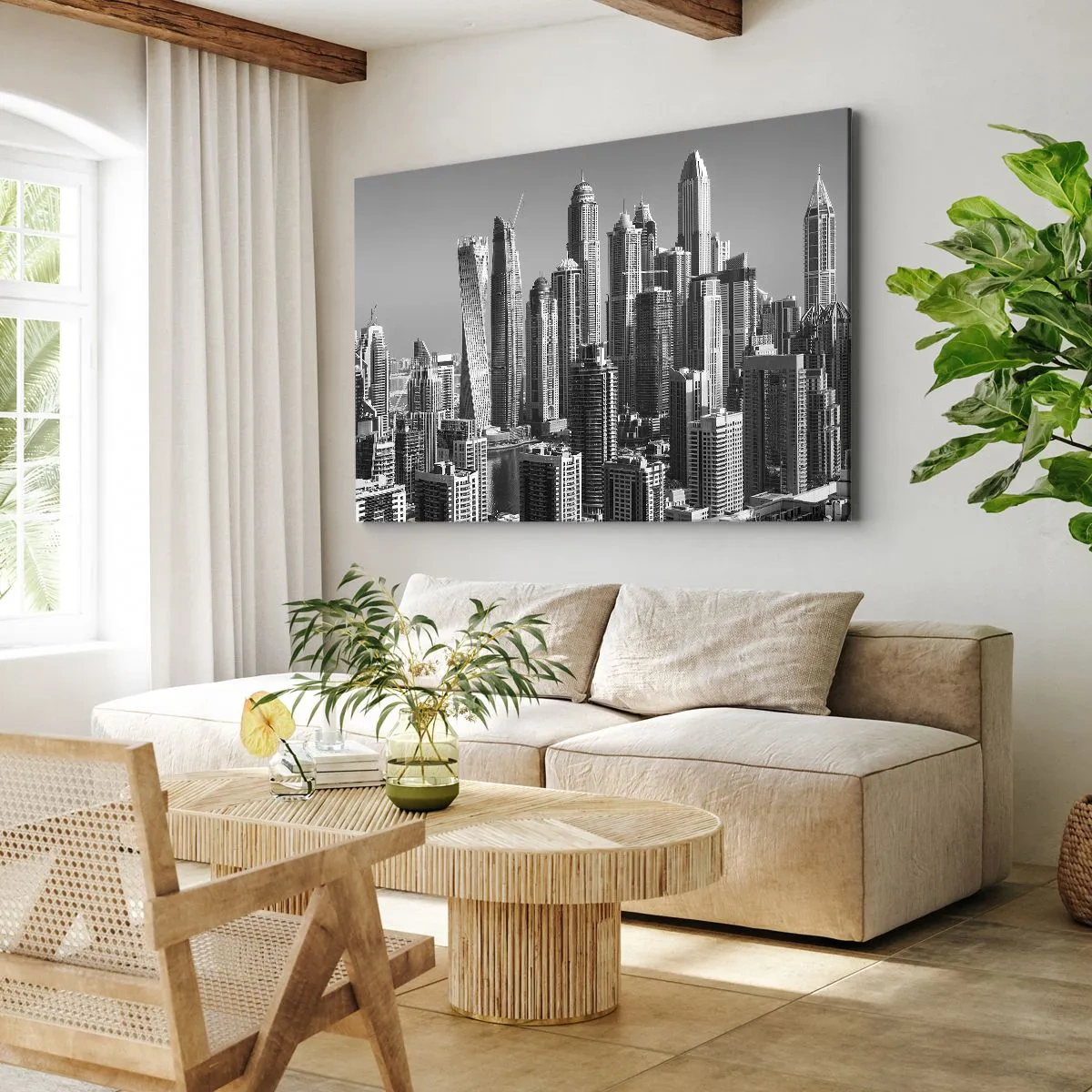 Obraz na płótnie - Panorama nowoczesnych wieżowców w monochromatycznej tonacji - 70x50cm - Miasto nad pustynią - Nowoczesna dekoracja ścienna do salonu i sypialni ARTTOR