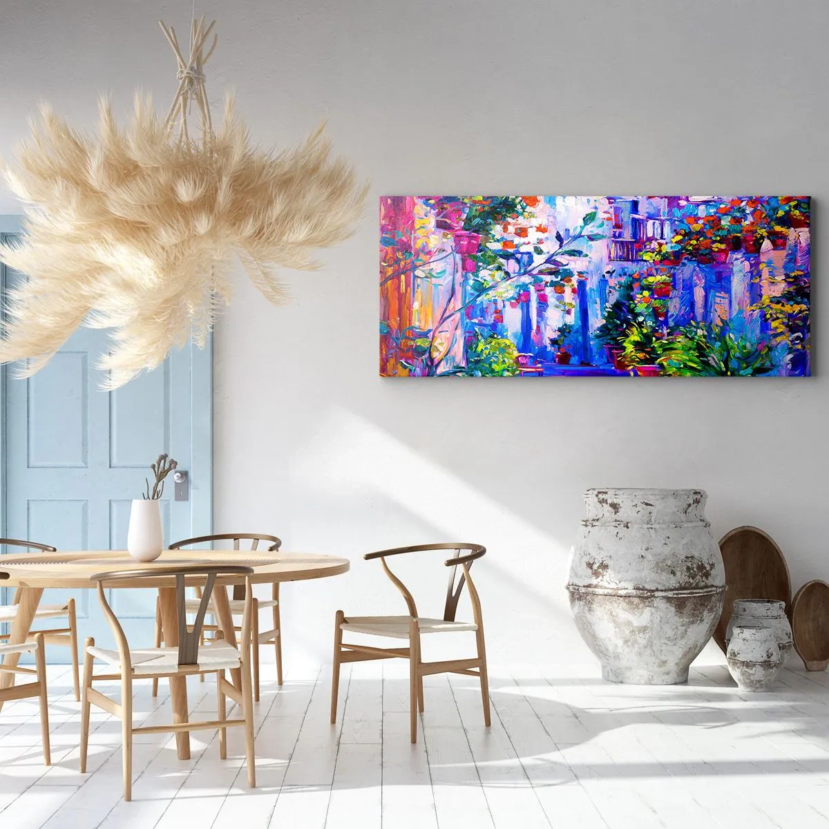 Obraz na płótnie - Kolorowa uliczka pełna kwiatów - 160x50cm - Impresja - włoska uliczka - Nowoczesna dekoracja ścienna do salonu i sypialni ARTTOR