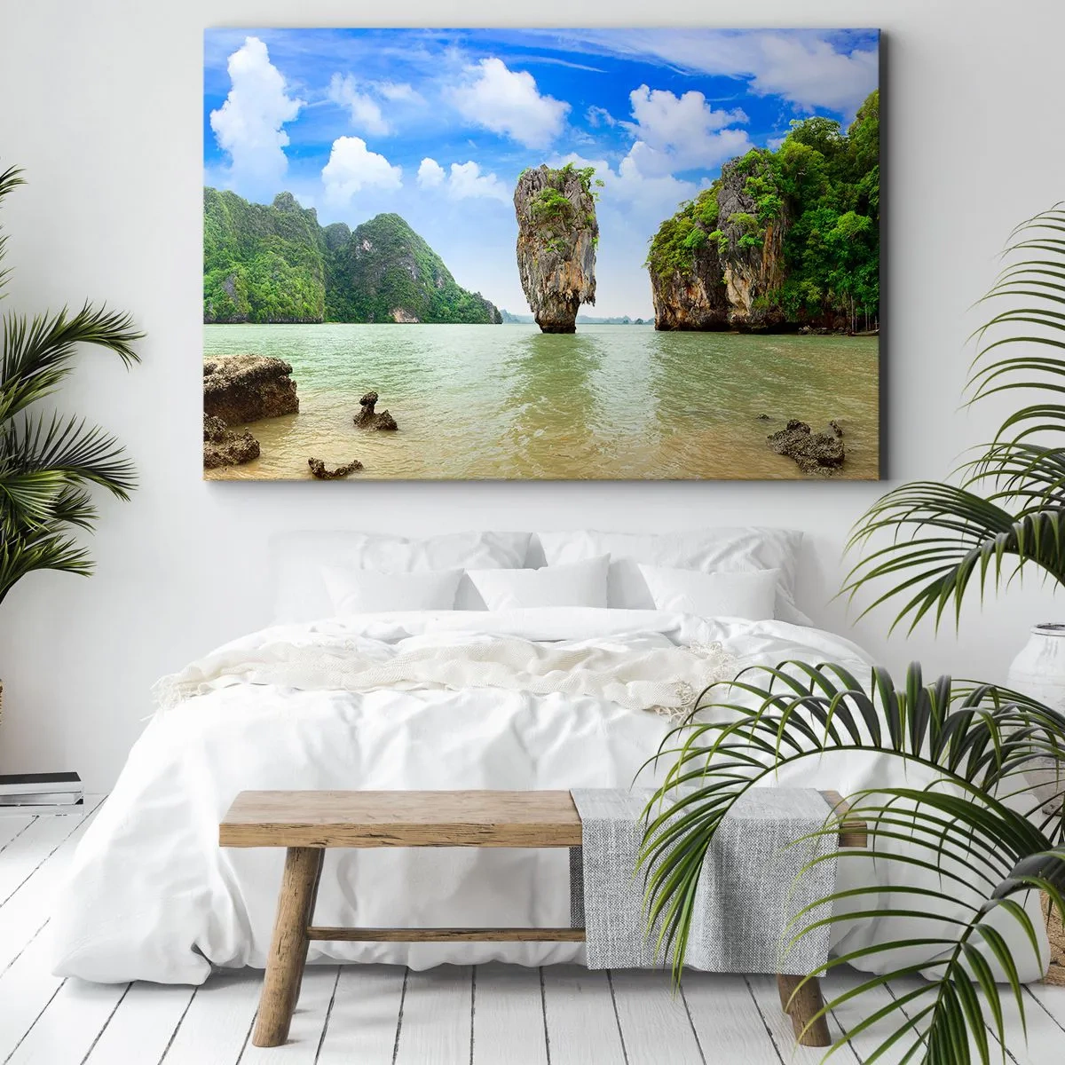 Obraz na płótnie - Egzotyczna formacja skalna otoczona wodą i zielenią pod błękitnym niebem - 70x50cm - Skalne dziwy natury - Nowoczesna dekoracja ścienna do salonu i sypialni ARTTOR