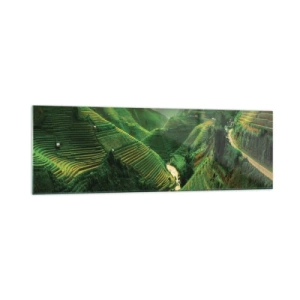 Obraz na szkle - Malownicze tarasy ryżowe w zielonej dolinie oświetlone zachodzącym słońcem - 160x50cm - Wietnamska dolina - Nowoczesna dekoracja ścienna do salonu i sypialni ARTTOR
