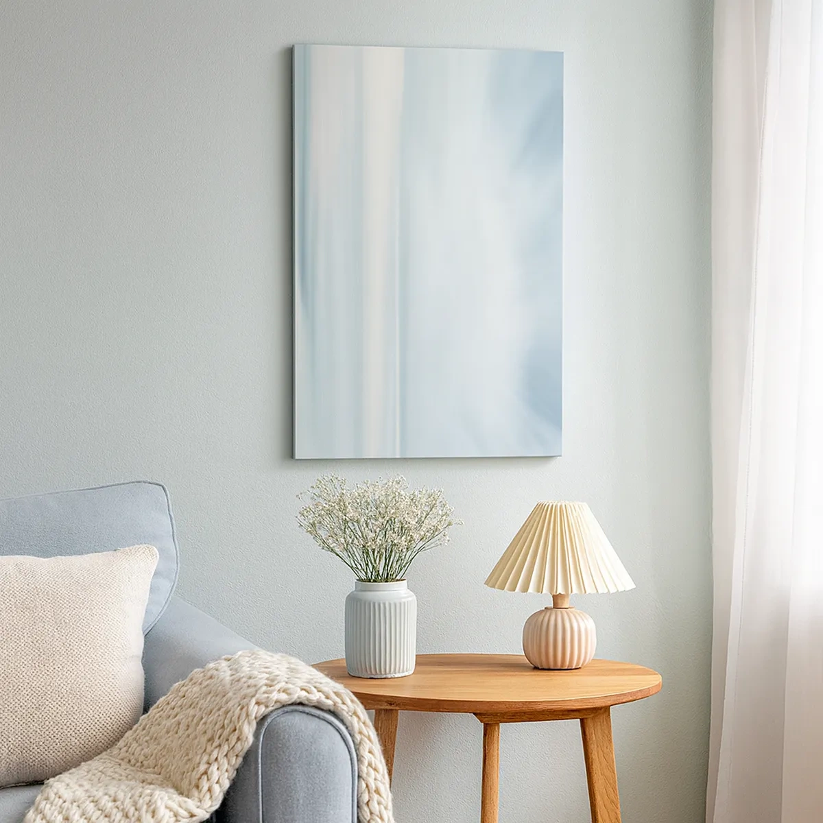 Obraz na płótnie - Subtelna abstrakcja w odcieniach błękitu, bieli i beżu - 50x70cm - Spokój aż po horyzont - Nowoczesna dekoracja ścienna do salonu, kuchni i sypialni ARTTOR