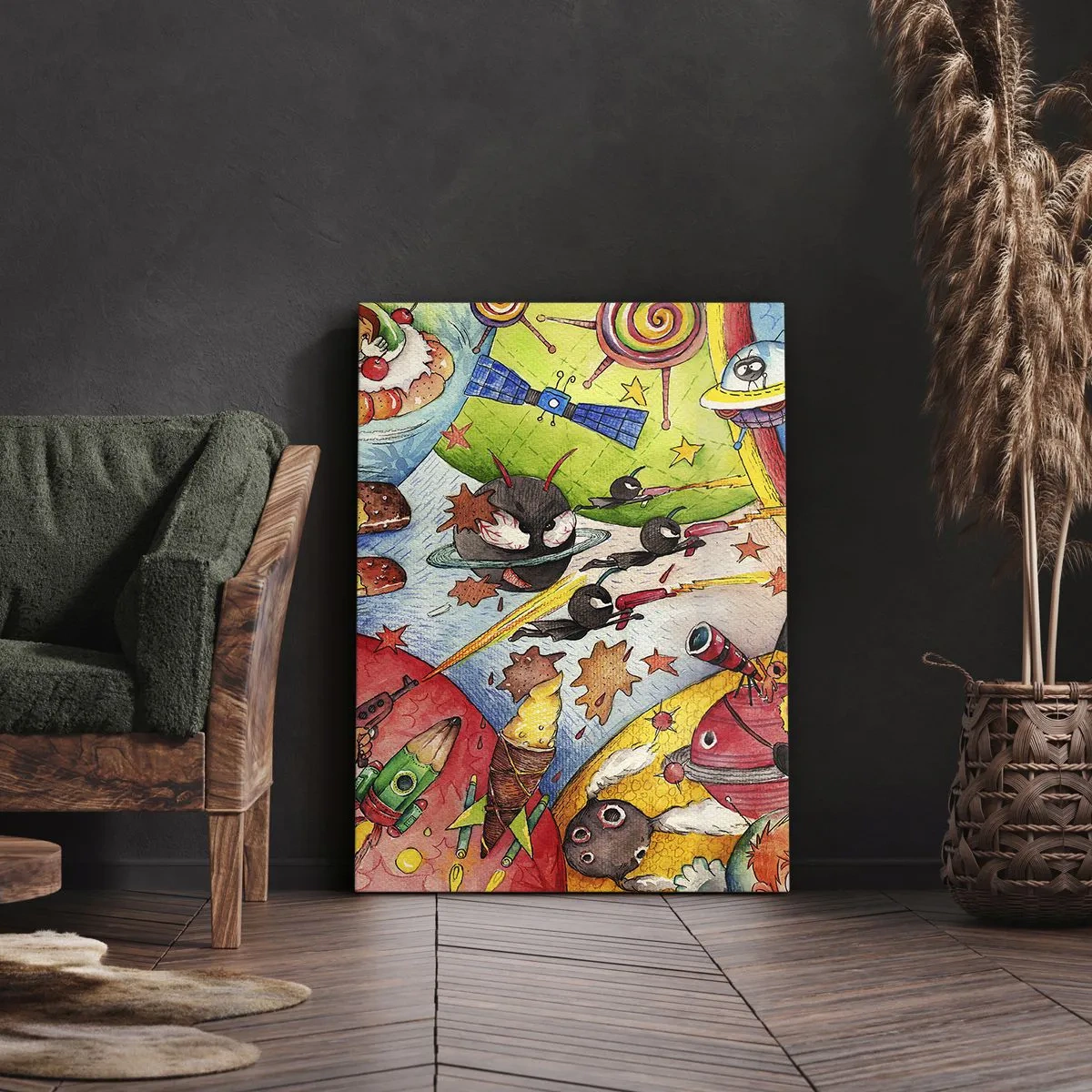 Obraz na płótnie - Fantastyczny świat owadów i słodyczy - 50x70cm - Wielka kosmiczna przygoda - Nowoczesna dekoracja ścienna do salonu, kuchni i sypialni ARTTOR