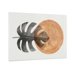 Obraz na szkle - Liść monstery i pomarańczowe koło w stylu graficznym na białym tle - 70x50cm - Zawsze słońce - Nowoczesna dekoracja ścienna do salonu i sypialni ARTTOR