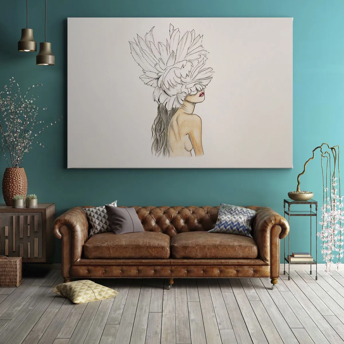Obraz na płótnie - Portret kobiety z ozdobą z piór w artystycznym stylu - 70x50cm - Piękność ukoronowana - Nowoczesna dekoracja ścienna do salonu i sypialni ARTTOR
