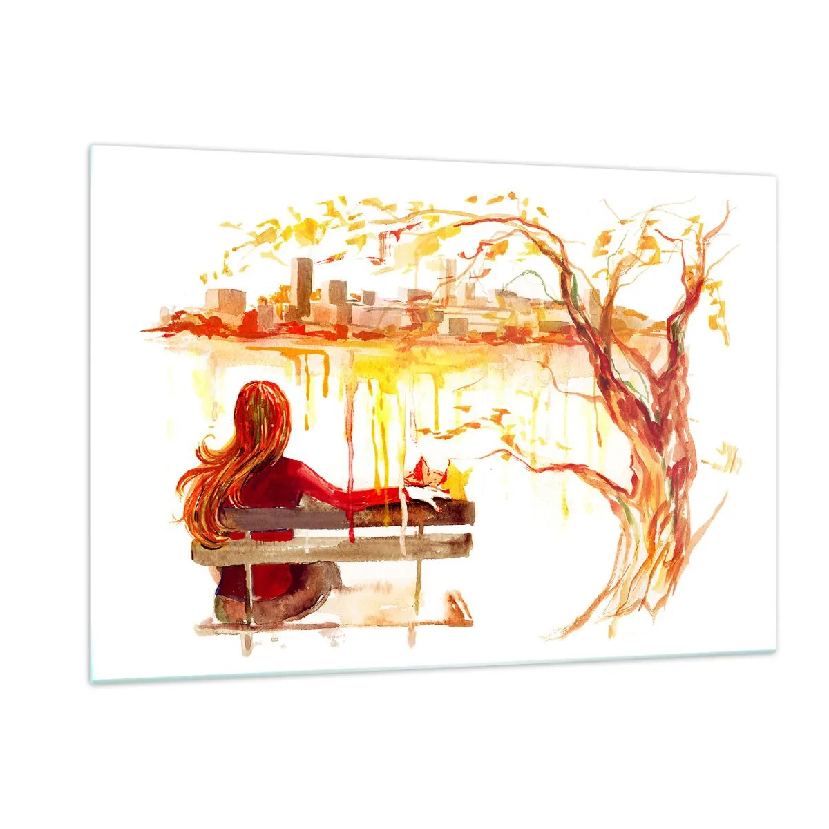 Obraz na szkle - Postać na ławce z widokiem na miasto w akwareli - 120x80cm - Chwila zadumy - Nowoczesna dekoracja ścienna do salonu, kuchni i sypialni ARTTOR