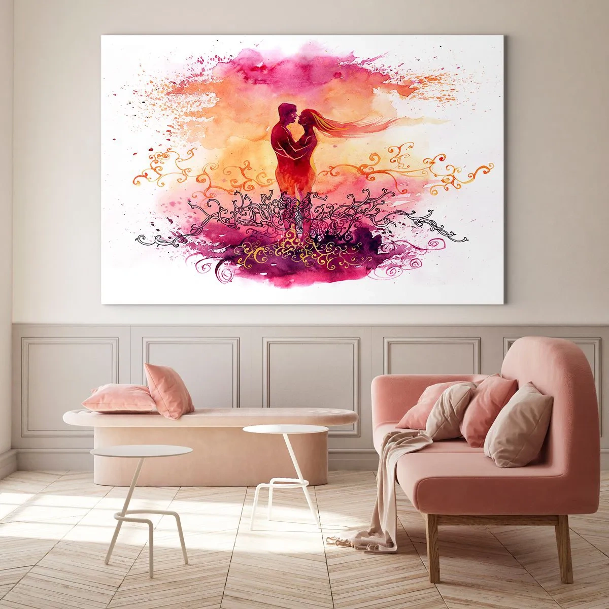 Obraz na szkle - Romantyczna para w abstrakcyjnych, ciepłych barwach - 70x50cm - Jednego serca! Tak mało mi trzeba… - Nowoczesna dekoracja ścienna do salonu i sypialni ARTTOR