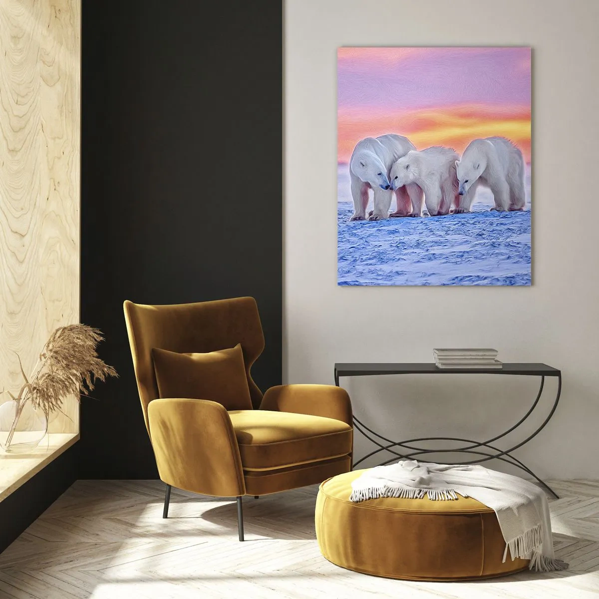 Obraz na szkle - Trzy niedźwiedzie polarne na śnieżnym tle o zachodzie słońca - 50x70cm - Wystarczy rodzinne ciepło - Nowoczesna dekoracja ścienna do salonu, kuchni i sypialni ARTTOR