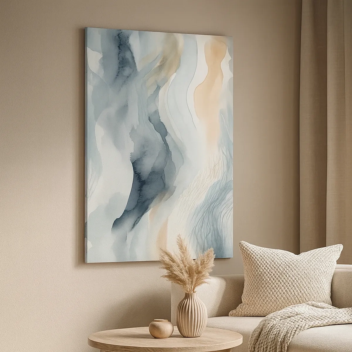 Obraz na płótnie - Abstrakcyjna kompozycja w odcieniach beżu i błękitu - 50x70cm - Abstrakcja śnieżna i mglista - Nowoczesna dekoracja ścienna do salonu, kuchni i sypialni ARTTOR