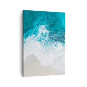 Obraz na płótnie - Widok z lotu ptaka na fale oceanu uderzające o piaszczystą plażę - 50x70cm - Naturalna pieszczota - Nowoczesna dekoracja ścienna do salonu, kuchni i sypialni ARTTOR