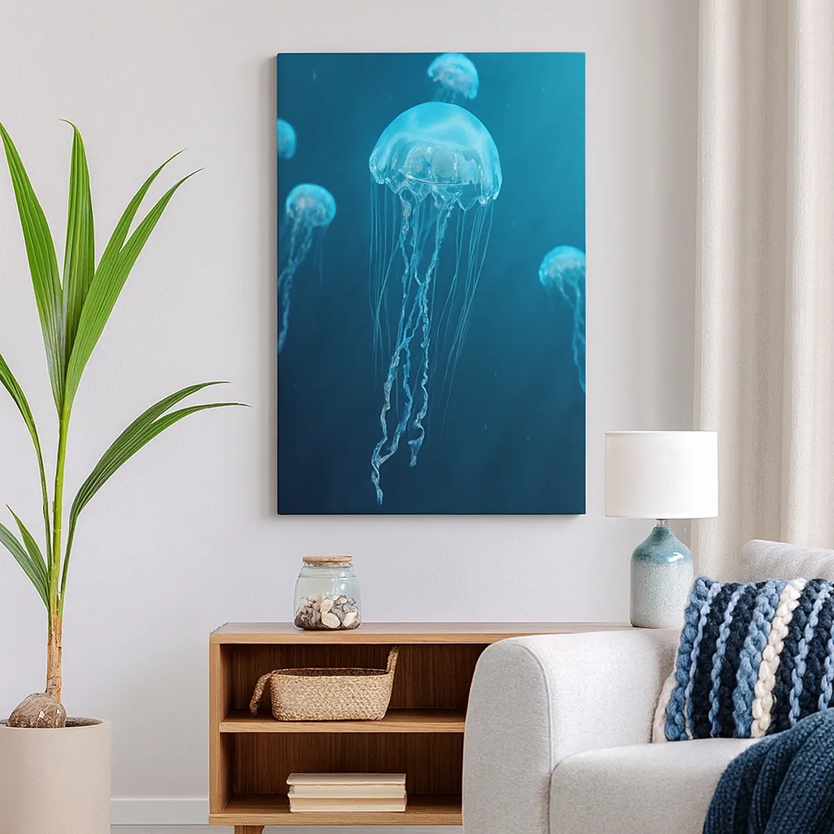 Obraz na płótnie - Podwodne meduzy w niebieskich tonacjach oceanu - 50x70cm - Oceaniczny taniec - Nowoczesna dekoracja ścienna do salonu, kuchni i sypialni ARTTOR