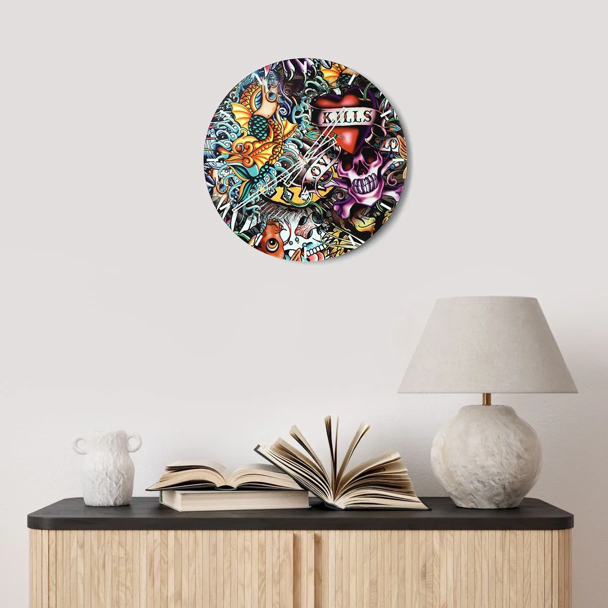 Zegar ścienny - Kolorowy motyw tatuażu z czaszką, syreną i sercem - 30x30cm - Sen tatuażysty - Nowoczesna dekoracja ścienna do salonu, kuchni i sypialni ARTTOR