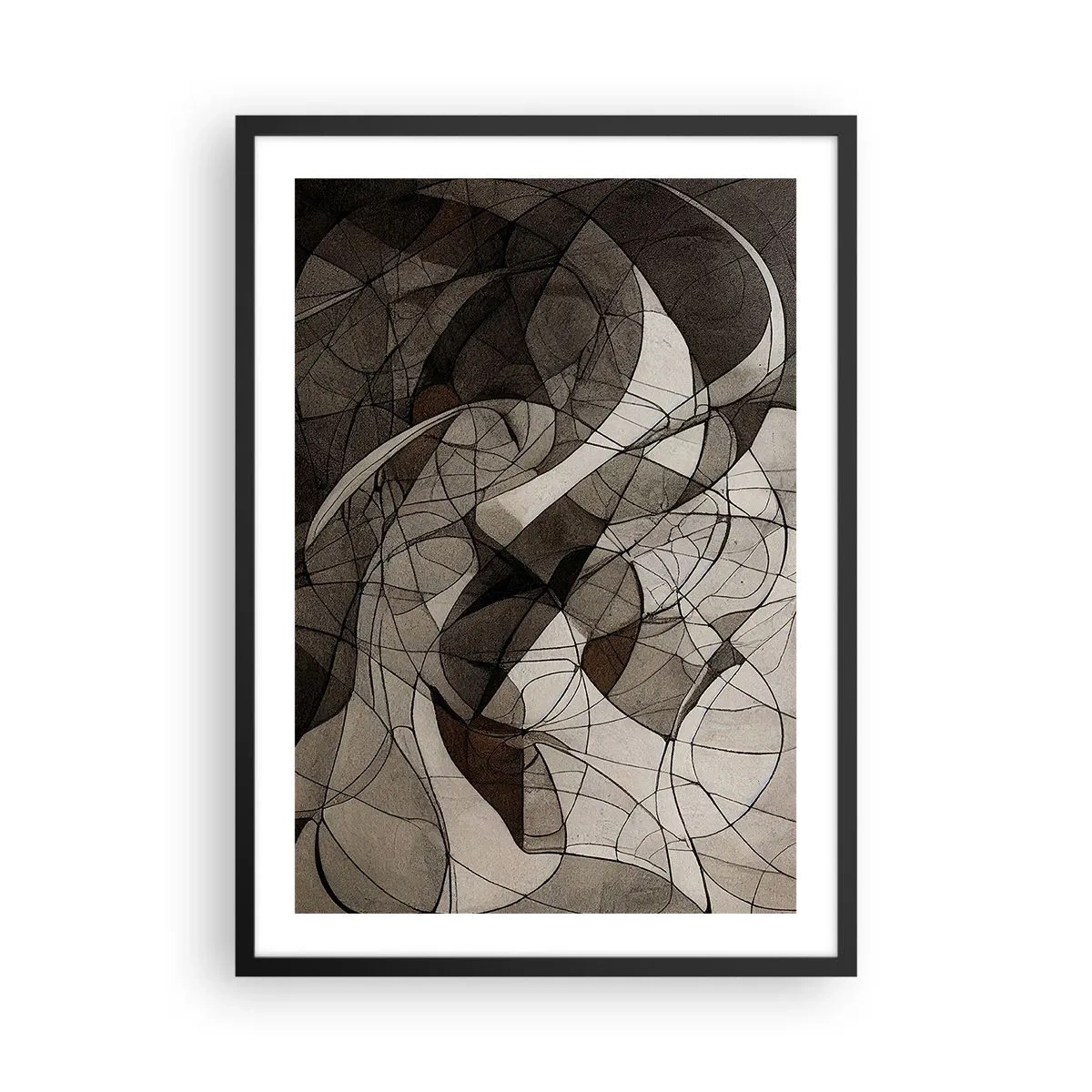 Plakat w czarnej ramie - Abstrakcyjna kompozycja geometrycznych linii i kształtów - 50x70cm - Cyrkulacja barw ziemi - Nowoczesna dekoracja ścienna do salonu i sypialni ARTTOR
