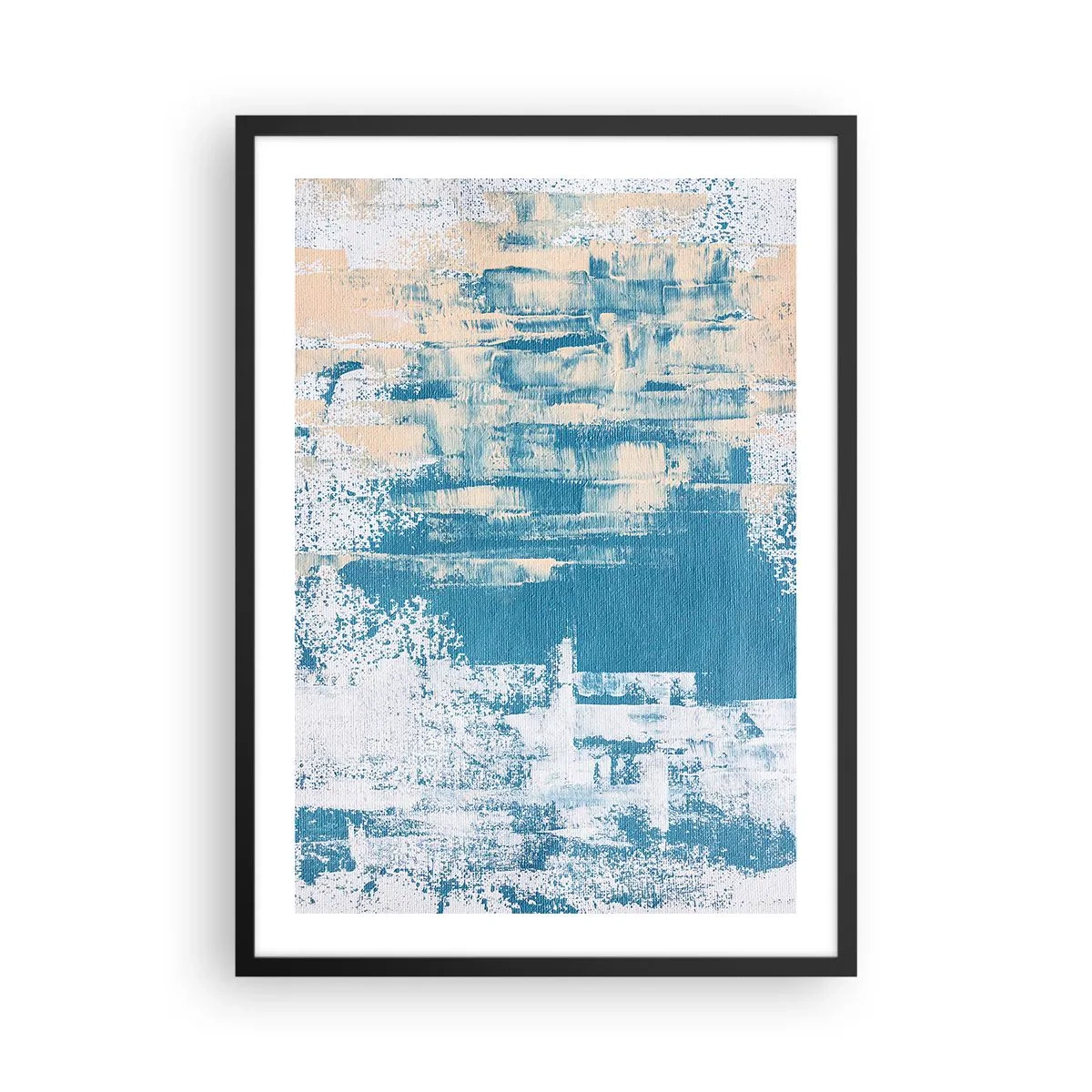 Plakat w czarnej ramie - Abstrakcyjna tekstura w odcieniach błękitu i beżu - 50x70cm - Przez lodowy sopel - Nowoczesna dekoracja ścienna do salonu i sypialni ARTTOR