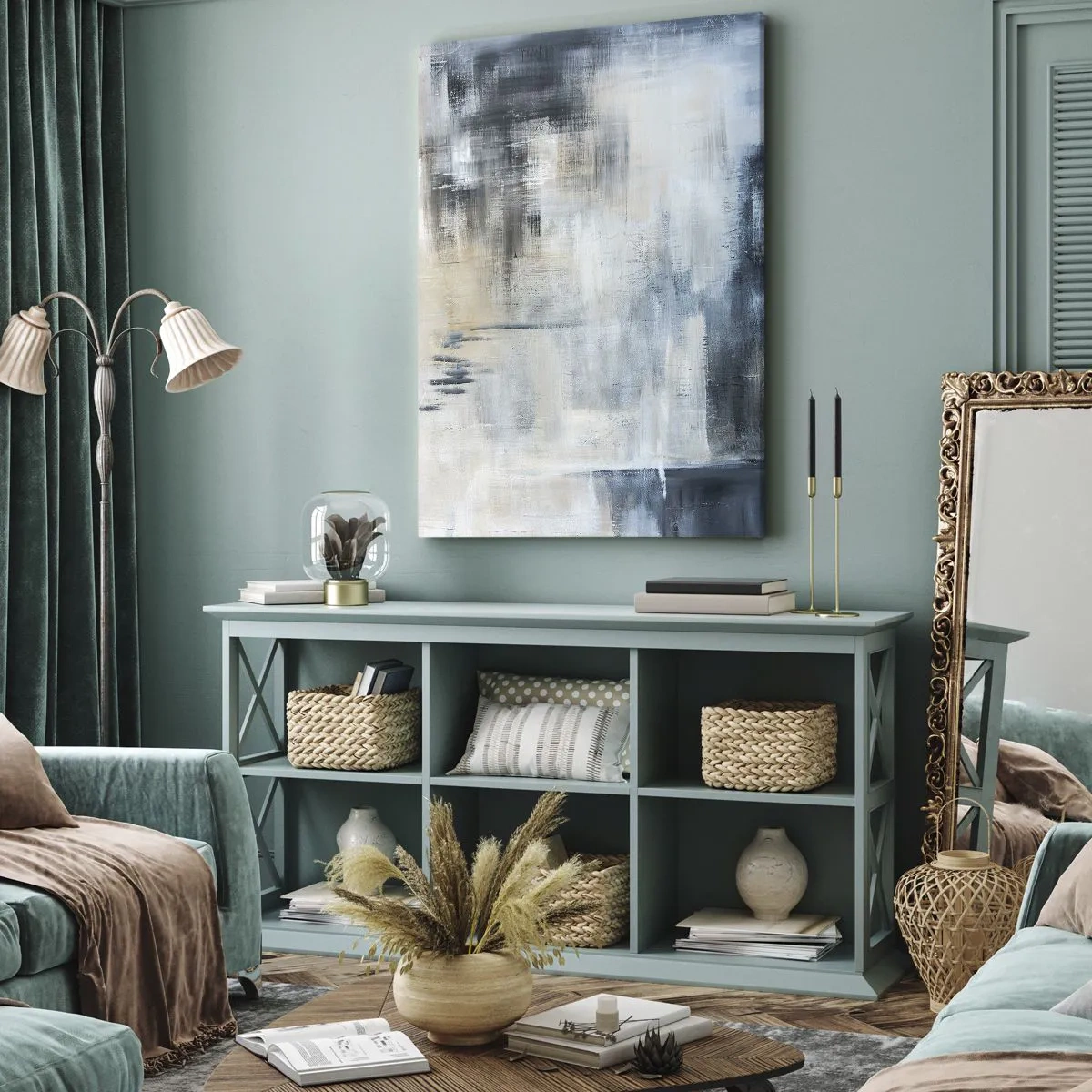 Obraz na płótnie - Abstrakcyjna kompozycja w odcieniach błękitu i szarości - 70x100cm - Za zasłoną błękitu - Nowoczesna dekoracja ścienna do salonu i sypialni ARTTOR
