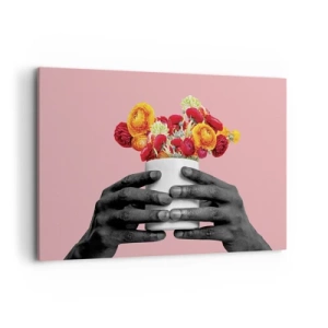 Obraz na płótnie - Dłonie trzymające bukiet kolorowych kwiatów - 100x70cm - Apoteoza życia - Nowoczesna dekoracja ścienna do salonu, kuchni i sypialni ARTTOR