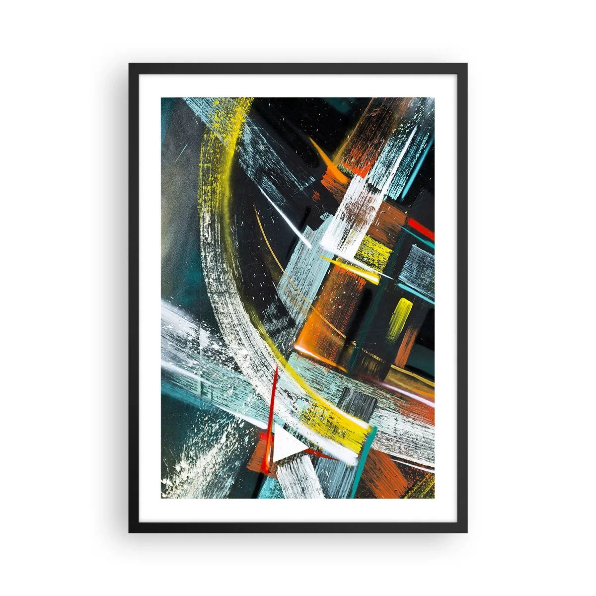 Plakat w czarnej ramie - Abstrakcja w intensywnych kolorach z geometrycznymi formami - 50x70cm - Energia ruchu - Nowoczesna dekoracja ścienna do salonu i sypialni ARTTOR