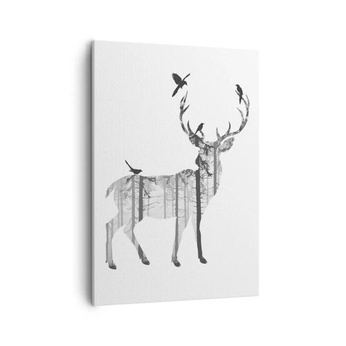 Obraz na płótnie - Sylwetka jelenia z lasem w tle i ptakami na porożu w czerni i bieli - 50x70cm - Dobry duch lasu - Nowoczesna dekoracja ścienna do salonu, kuchni i sypialni ARTTOR