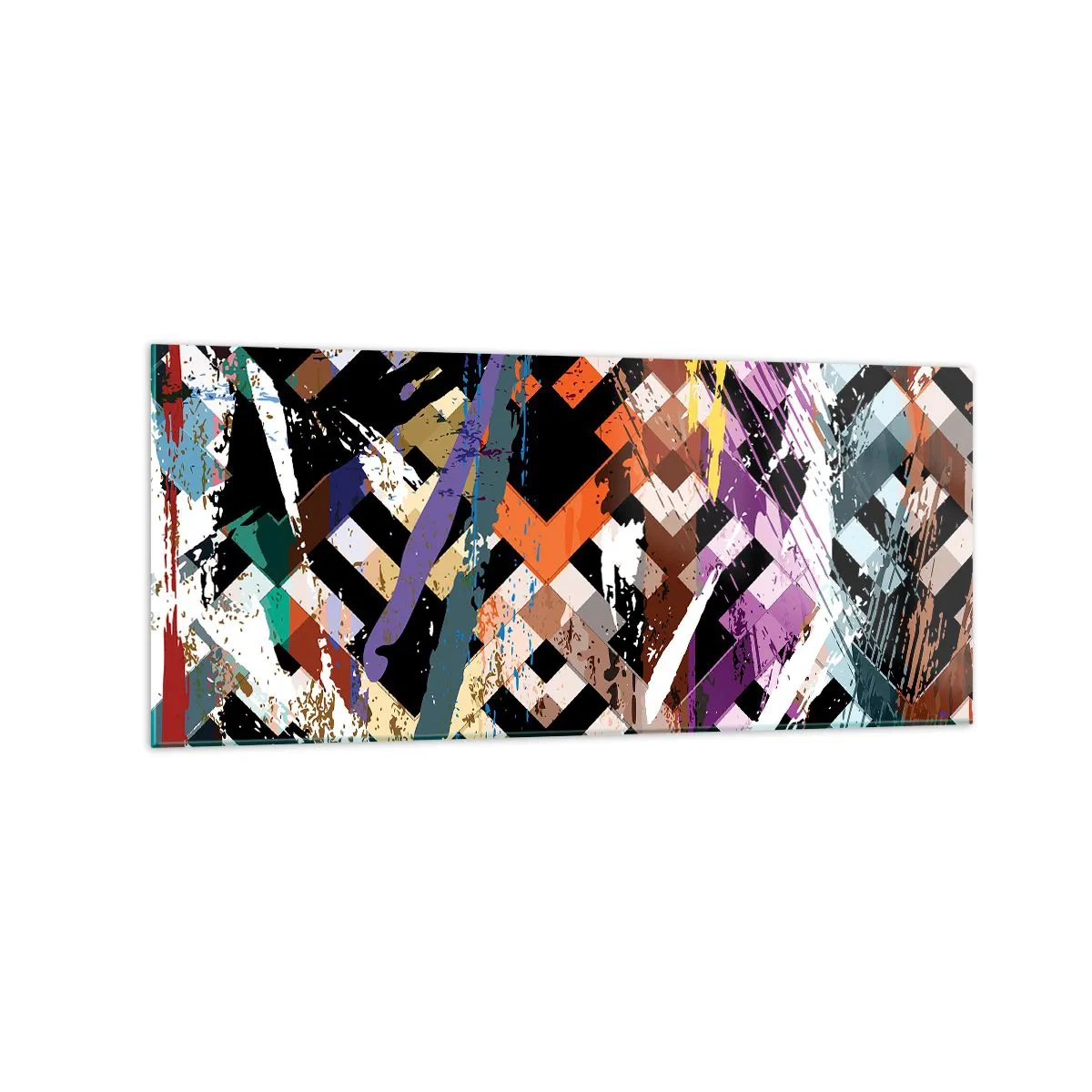 Obraz na szkle - Abstrakcyjna kompozycja z kolorowymi liniami na czarnym tle - 120x50cm - Podniesione do kwadratu - Nowoczesna dekoracja ścienna do salonu i sypialni ARTTOR