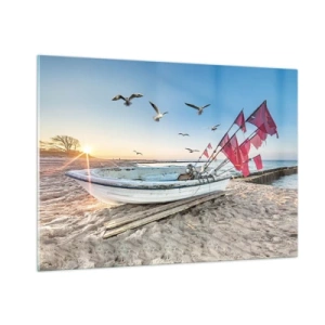 Obraz na szkle - Łódź rybacka na plaży o wschodzie słońca - 100x70cm - Zasłużony odpoczynek - Nowoczesna dekoracja ścienna do salonu, kuchni i sypialni ARTTOR