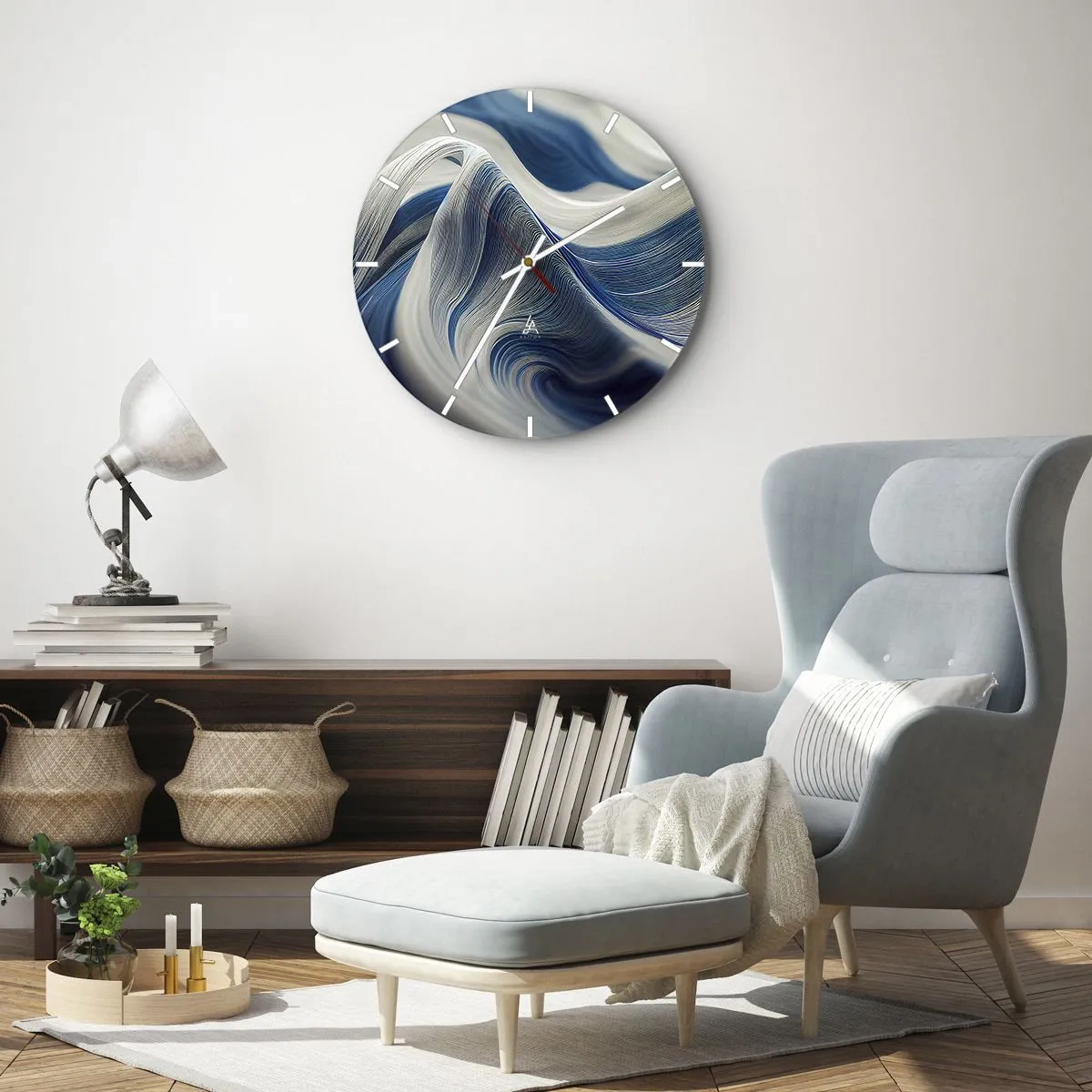 Zegar ścienny - Dynamiczne wiry w odcieniach błękitu i bieli o falistym układzie - 30x30cm - Płynność błękitu i bieli - Nowoczesna dekoracja ścienna do salonu, kuchni i sypialni ARTTOR