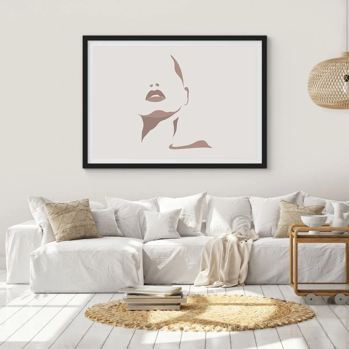 Plakat w czarnej ramie - Minimalistyczny kontur kobiecej twarzy w delikatnych beżach - 100x70cm - Stworzona ze światła i cienia - Nowoczesna dekoracja ścienna do salonu i sypialni ARTTOR