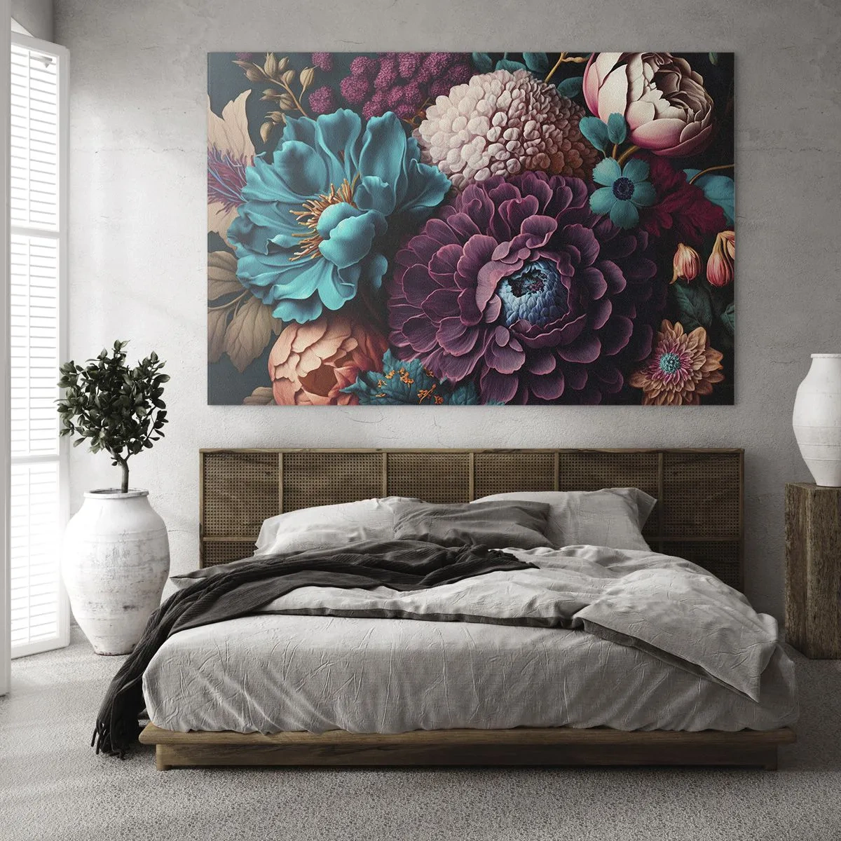 Obraz na szkle - Bogata kompozycja kwiatów w intensywnych barwach - 70x50cm - Natura na bogato - Nowoczesna dekoracja ścienna do salonu i sypialni ARTTOR