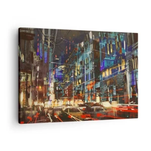 Obraz na płótnie - Miejska nocna scena z neonami - 70x50cm - Wieczorny gwar ulicy - Nowoczesna dekoracja ścienna do salonu i sypialni ARTTOR
