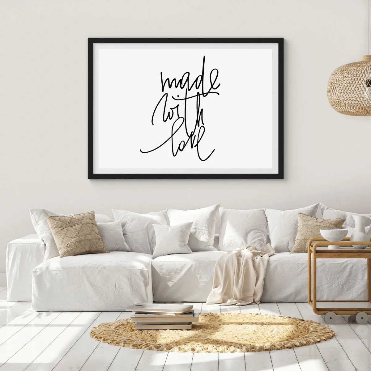 Plakat w czarnej ramie - Czarny napis "Made with love" na białym tle - 70x50cm - Najlepsza marka - Nowoczesna dekoracja ścienna do salonu i sypialni ARTTOR