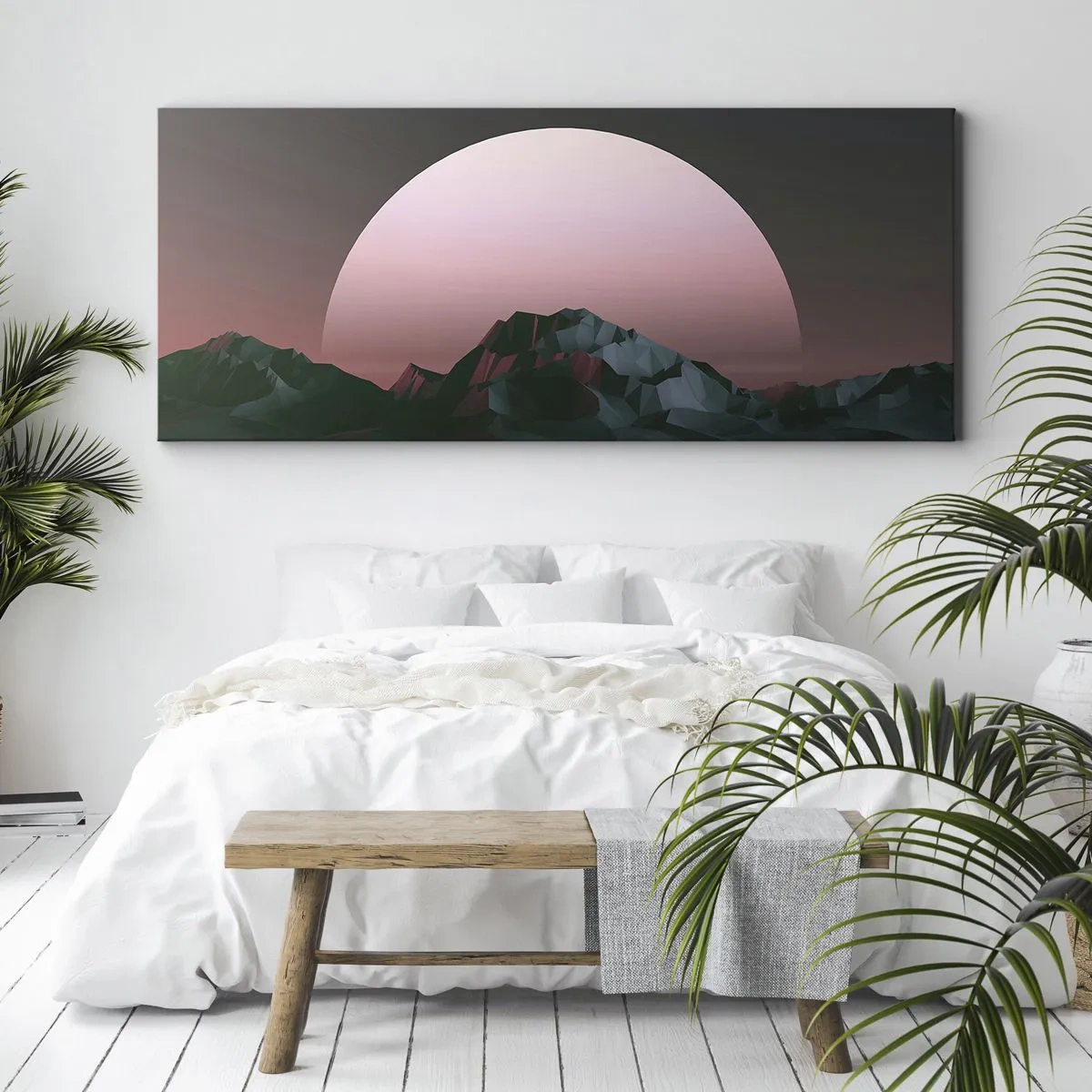 Obraz na płótnie - Geometryczne góry z zachodzącym słońcem w tle - 140x50cm - W sąsiedniej galaktyce - Nowoczesna dekoracja ścienna do salonu i sypialni ARTTOR