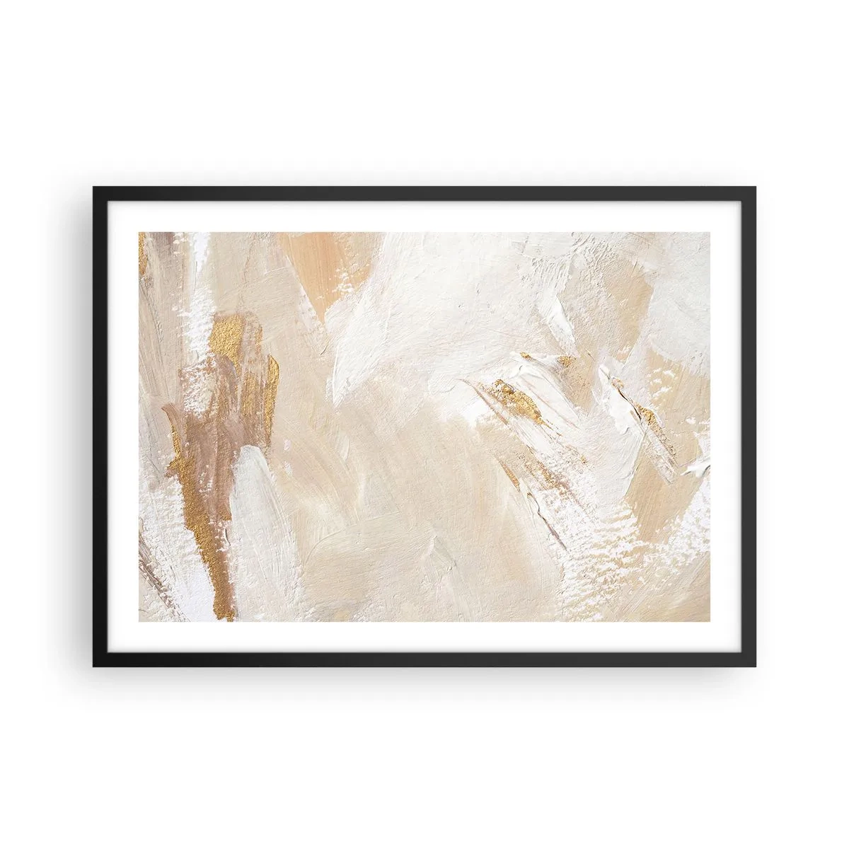 Plakat w czarnej ramie - Delikatne abstrakcyjne tony w odcieniach beżu i złota - 70x50cm - Pastelowa kompozycja - Nowoczesna dekoracja ścienna do salonu i sypialni ARTTOR
