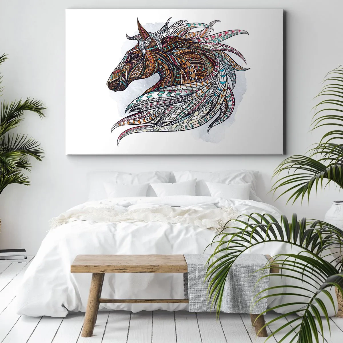 Obraz na płótnie - Geometryczny koń z kolorową grzywą pełną detali - 100x70cm - Rumak celtyckiego wojownika - Nowoczesna dekoracja ścienna do salonu, kuchni i sypialni ARTTOR