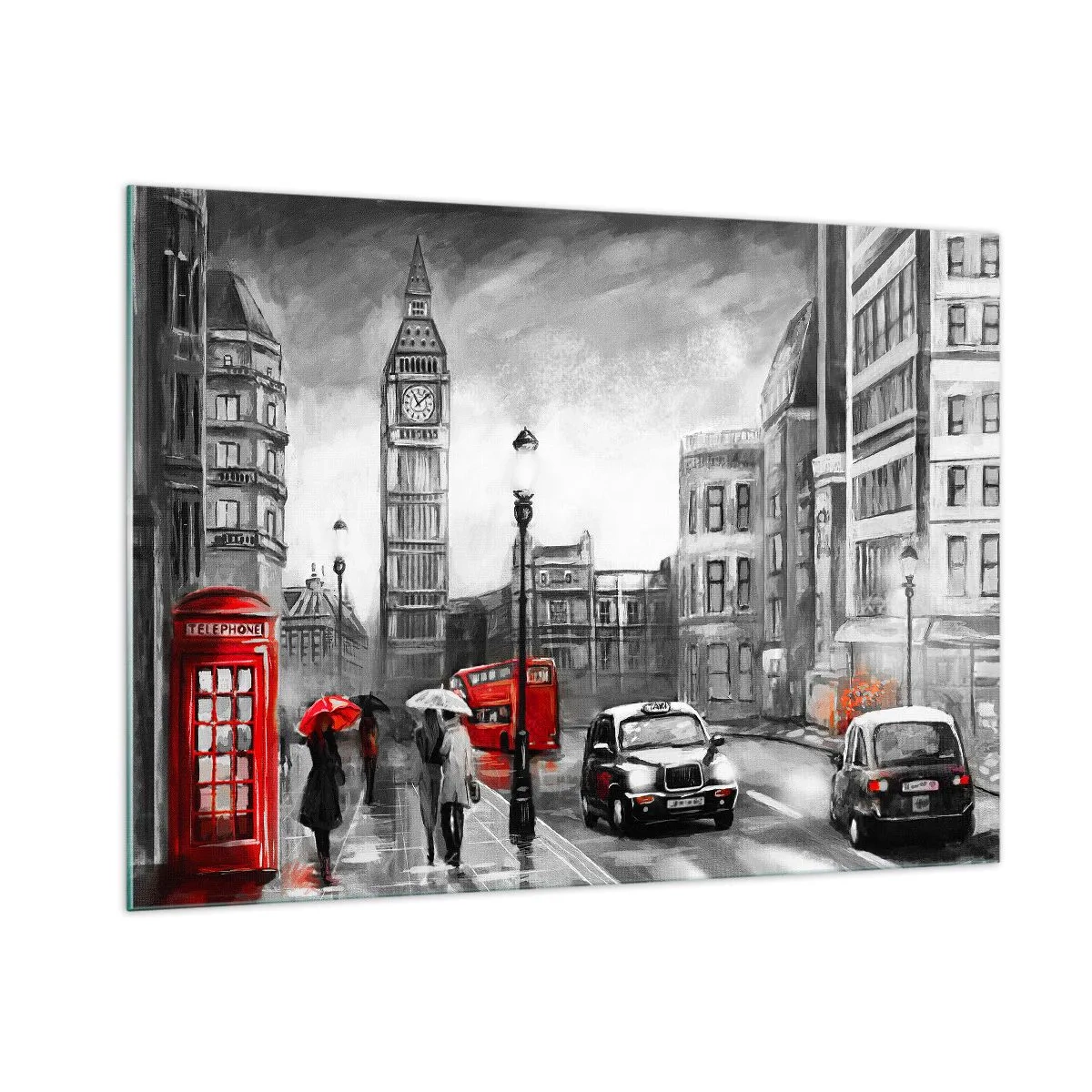 Obraz na szkle - Big Ben i ulice Londynu z czerwonymi akcentami na szarym tle - 100x70cm - Wcale nie szare miasto - Nowoczesna dekoracja ścienna do salonu, kuchni i sypialni ARTTOR