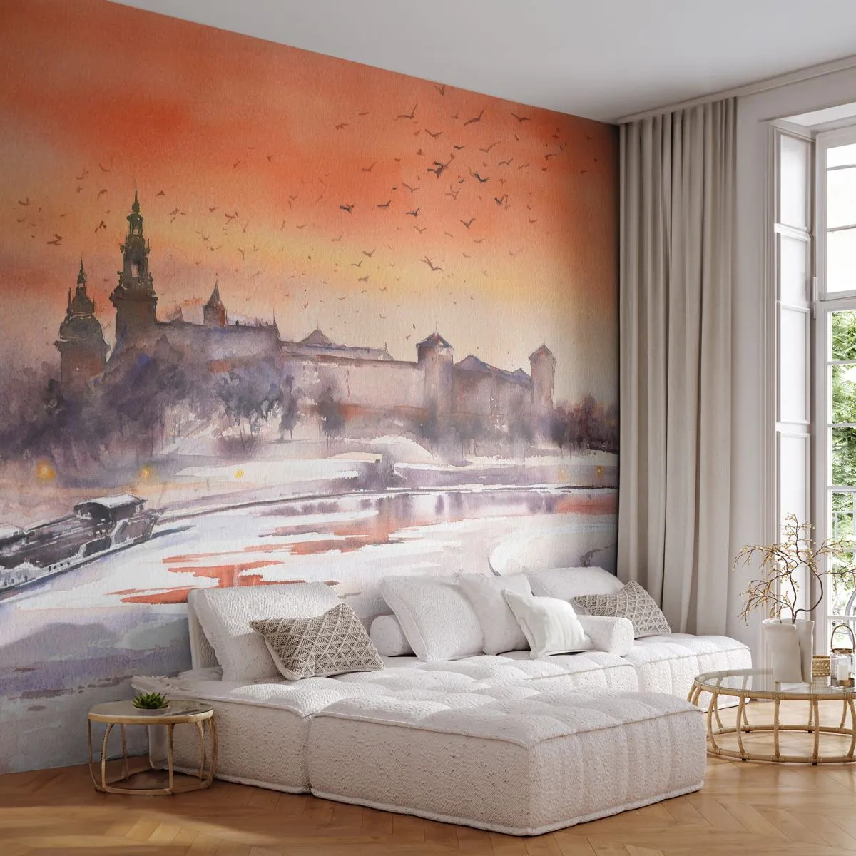 Fototapeta Premium Sand - Akwarelowa panorama zamku o zachodzie słońca zimową porą - 100x70cm - Królewski zachód słońca - Nowoczesna dekoracja ścienna do salonu, kuchni i sypialni ARTTOR