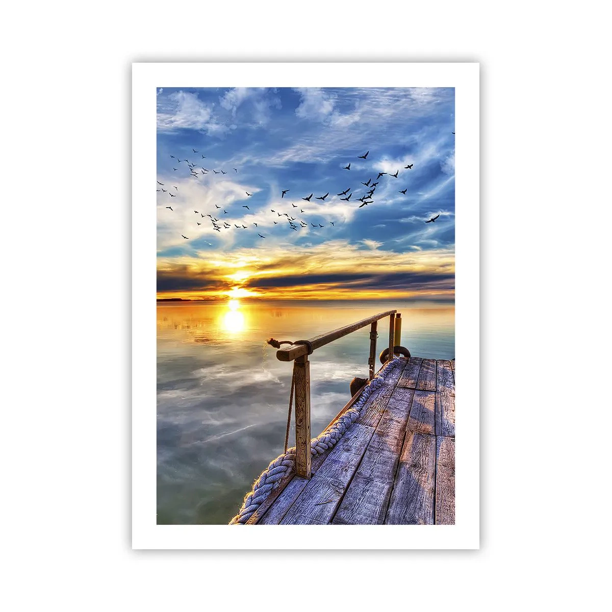 Plakat - Drewniany pomost nad jeziorem o zachodzie słońca - 50x70cm - Wiatr idzie na spoczynek - Nowoczesna dekoracja ścienna do salonu, kuchni i sypialni ARTTOR