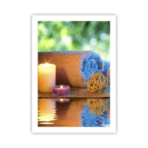 Plakat - Świece i ręcznik na tle naturalnego krajobrazu - 50x70cm - Czas dla ciała - Nowoczesna dekoracja ścienna do salonu, kuchni i sypialni ARTTOR