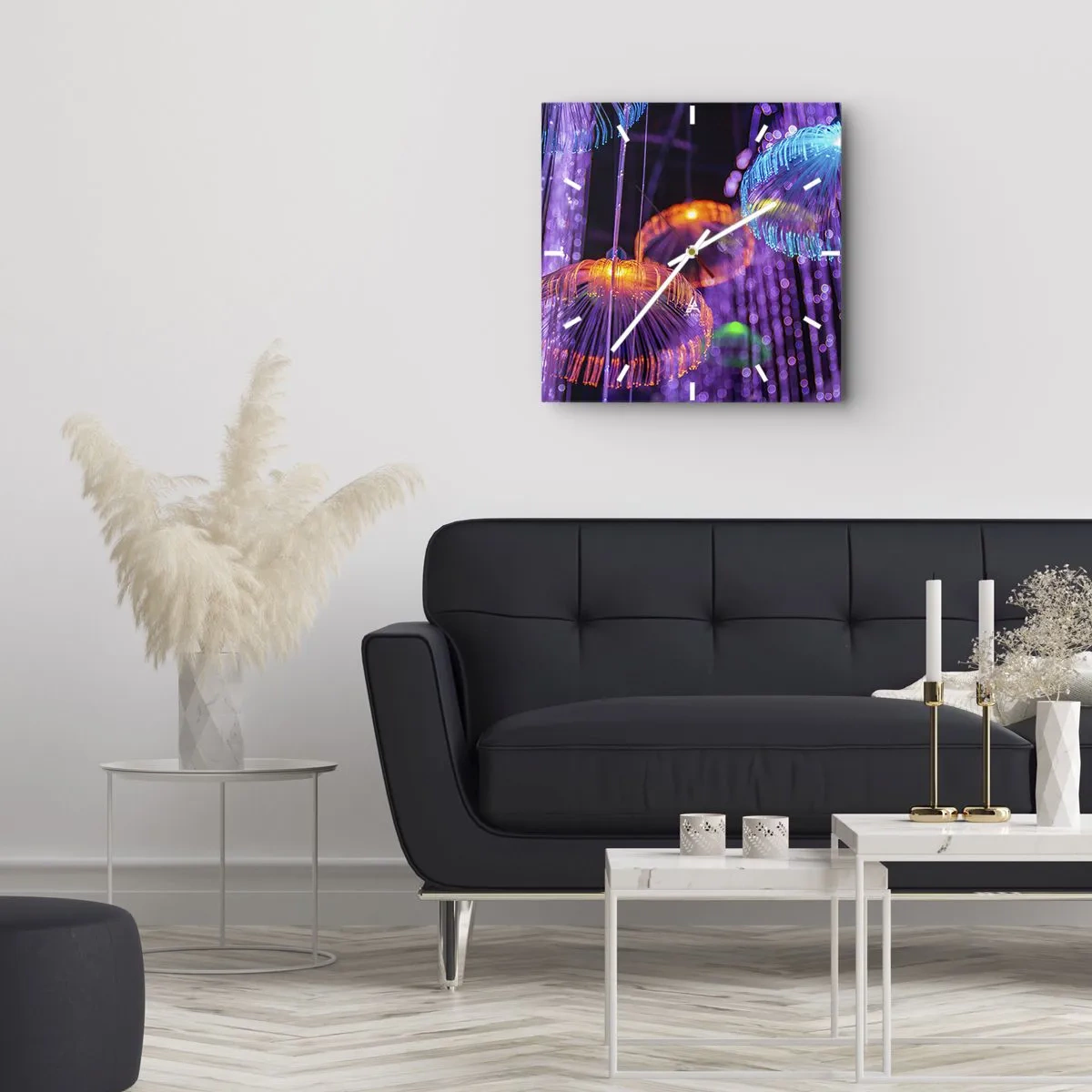 Zegar ścienny - Kolorowe świetlne meduzy w ciemnym otoczeniu - 30x30cm - Świetlna fontanna - Nowoczesna dekoracja ścienna do salonu i sypialni ARTTOR