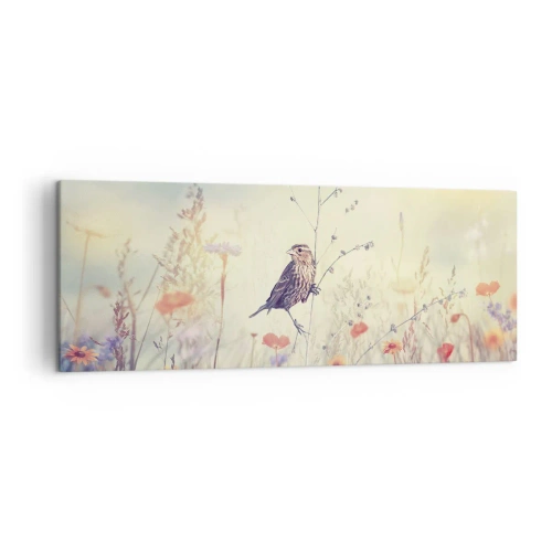 Obraz na płótnie - Ptak na tle kolorowej łąki w pastelowych barwach - 140x50cm - Ptasi portret z łąką w tle - Nowoczesna dekoracja ścienna do salonu i sypialni ARTTOR