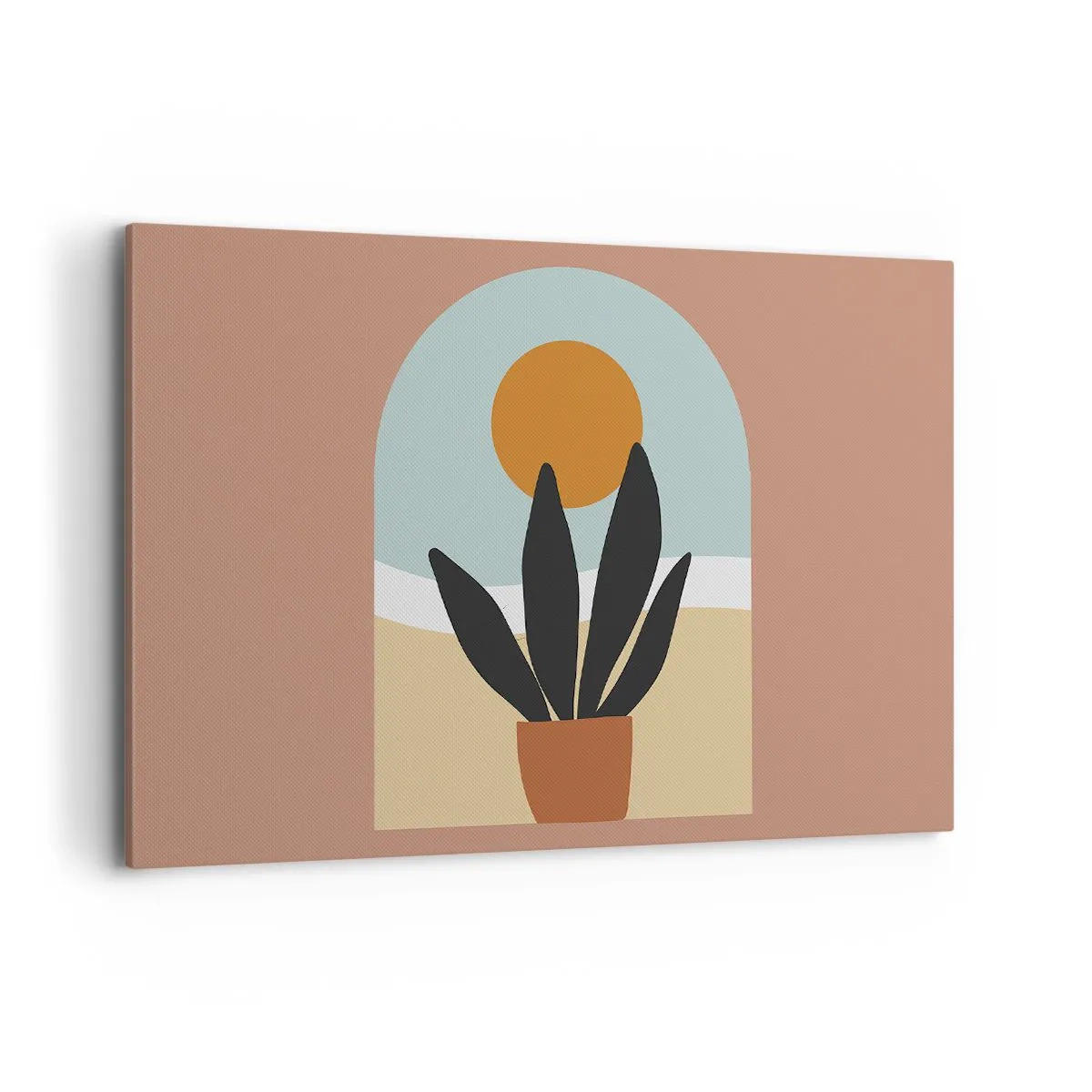 Obraz na płótnie - Czarna roślina w doniczce na tle słońca - 120x80cm - Drobne radości - Nowoczesna dekoracja ścienna do salonu, kuchni i sypialni ARTTOR