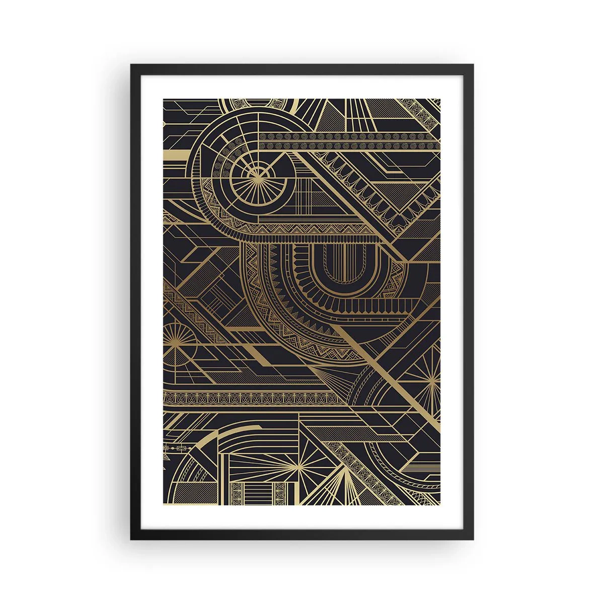 Plakat w czarnej ramie - Geometryczny wzór w złotych odcieniach na czarnym tle - 50x70cm - Koncepty, idee, plany - Nowoczesna dekoracja ścienna do salonu i sypialni ARTTOR