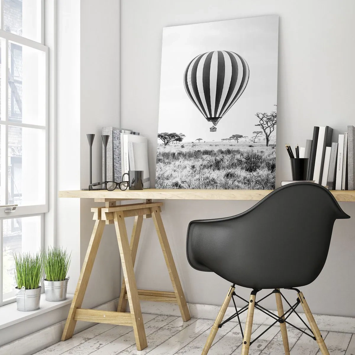 Obraz na szkle - Balon na gorące powietrze unoszący się nad sawanną - 80x120cm - Nad sawanną - Nowoczesna dekoracja ścienna do salonu i sypialni ARTTOR